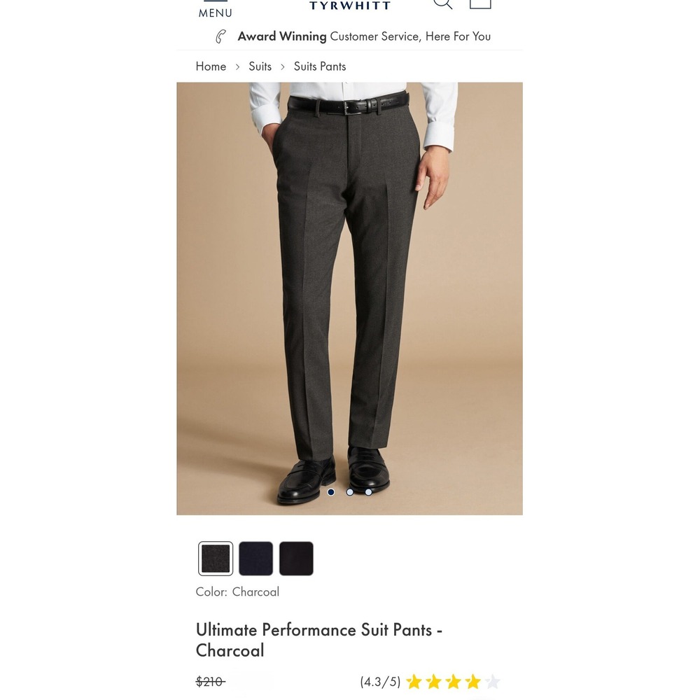 Charles Tyrwhitt Mens Charcoal Grey Ultimate Performance Suit Pants 36W‎ 30L NEW